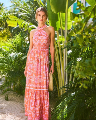 model wearing orange dress