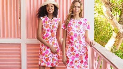 models in pink and orange dresses