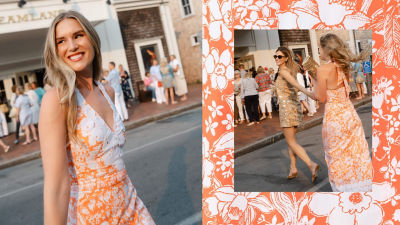 model wearing orange dress