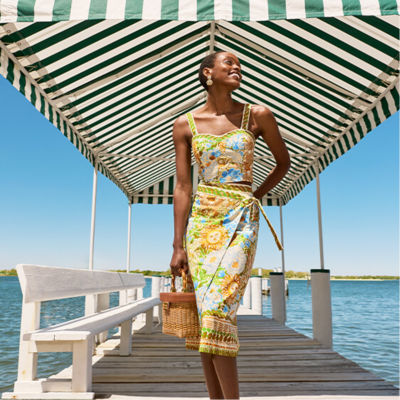model in printed dress