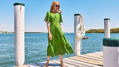 model wearing green dress