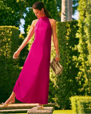 model wearing pink maxi dress