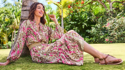 model wearing pink printed outfit