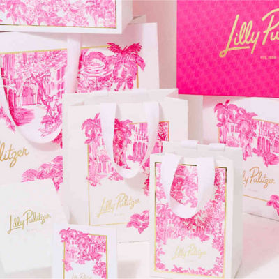 home office with lilly prints on the wall