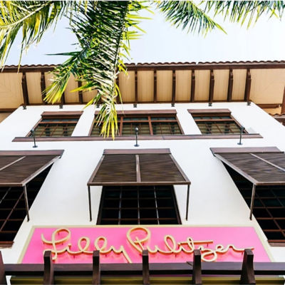 home office with lilly prints on the wall