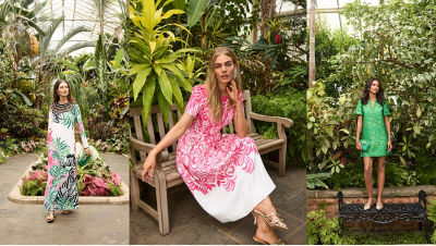 model wearing green and red print dress