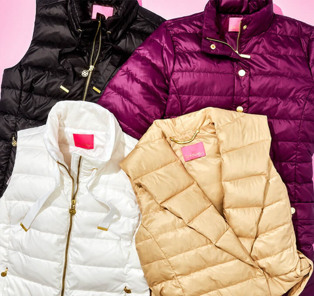 colorful puffer vests and jackets
