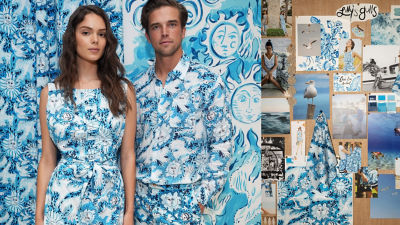 model wearing blue and red outfits