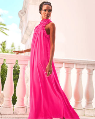 model wearing pink maxi dress