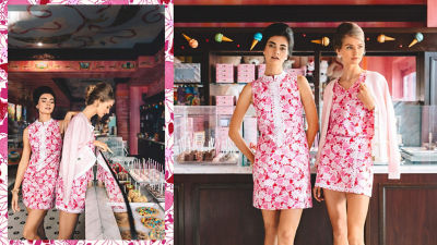 model wearing blue and red outfits