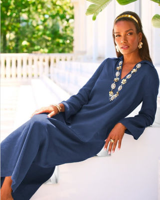 model wearing blue dress