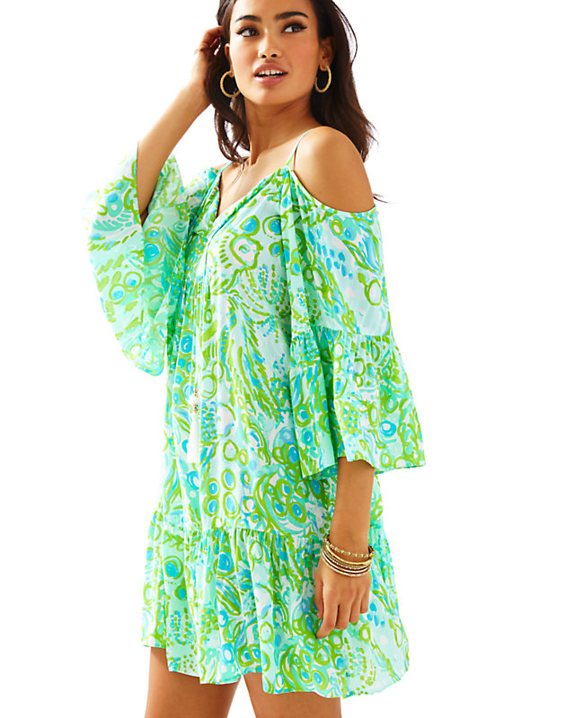Alanna Off The Shoulder Dress, Pool Blue Any Fins Possible, large - Lilly Pulitzer