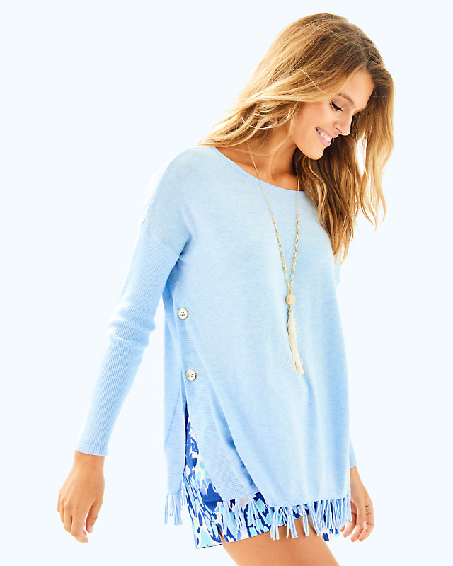 Ramona Fringe Sweater, Heathered Boho Blue, large - Lilly Pulitzer
