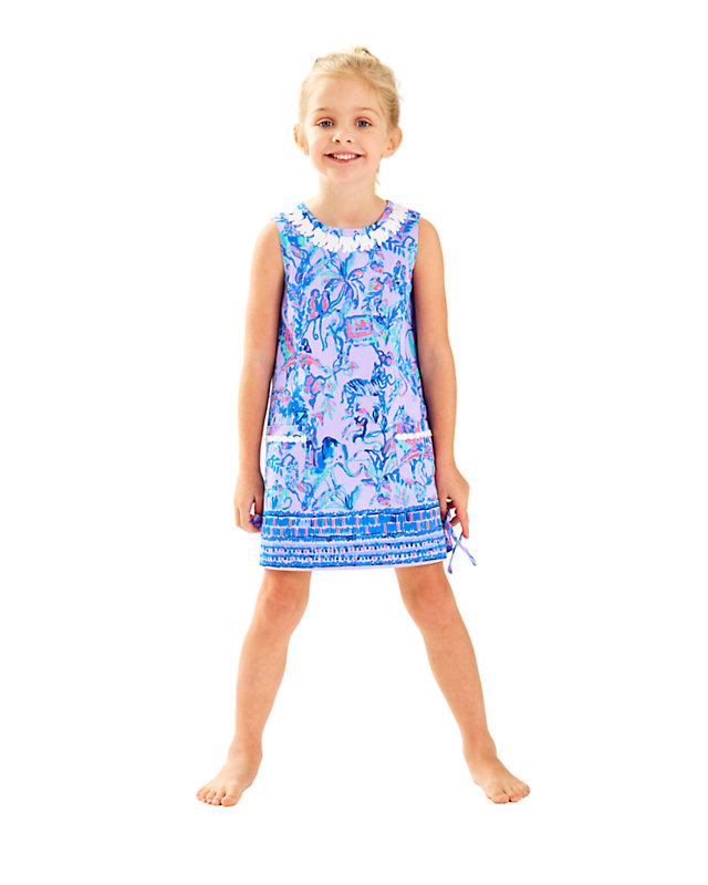 Girls Little Lilly Classic Shift Dress, Lilac Verbena Fruity Monkey Print Kids, large image null - Lilly Pulitzer