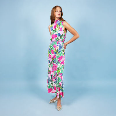 Woman wearing a printed maxi dress