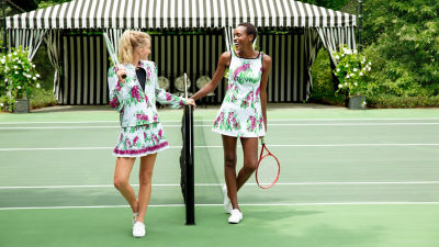 Women wearing matching printed active outfits