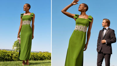 Woman wearing a long green dress