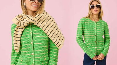 Woman wearing a green striped sweater