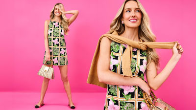 Woman wearing a black printed romper