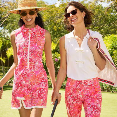 Women wearing pink printed activewear