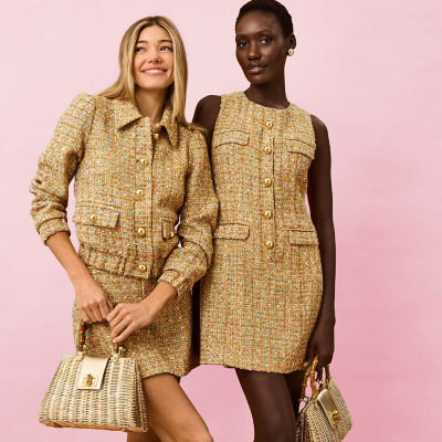 Women wearing gold boucle outfits