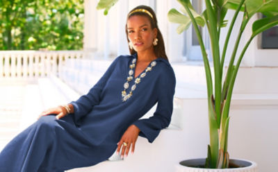 Woman wearing a long navy dress