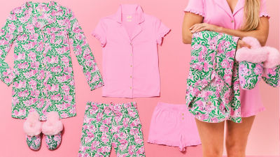 Pink and green printed pajamas and slippers