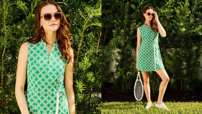 Woman wearing a green and white printed active dress