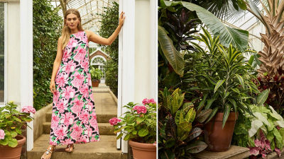 Woman wearing a pink printed maxi dress
