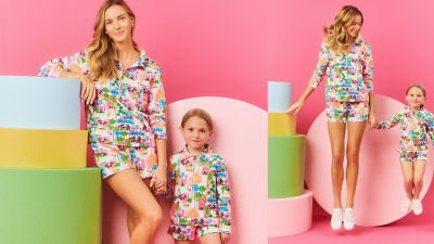 Woman wearing and little girl wearing matching Disney printed outfits