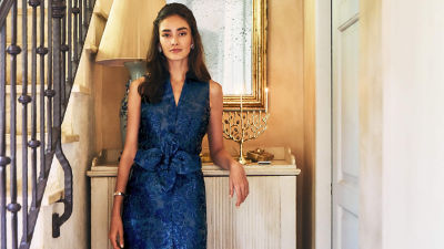 Woman wearing a navy dress