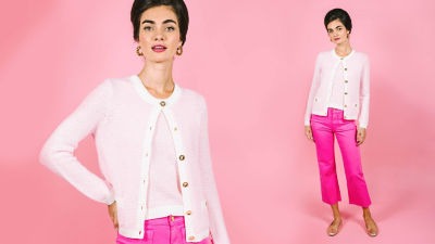 Woman wearing a pink cardigan and tank set