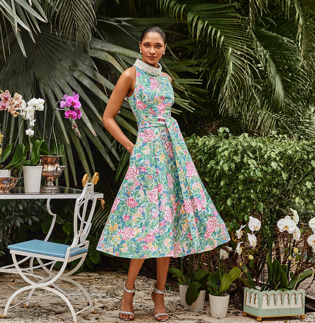 Woman in Lilly x Badgley Mischka Floral Dress