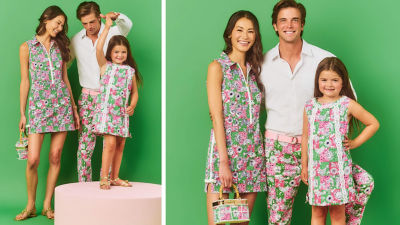 Family wearing matching green and pink printed outfits