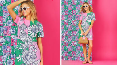 Woman in a pink and green printed dress