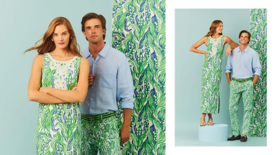 Man and woman wearing matching green printed outfits
