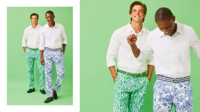 Two men wearing printed pants with white shirts