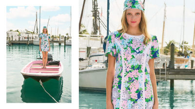 Woman in a pink and green printed dress