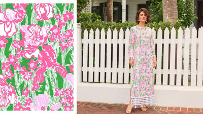 Woman wearing a green and pink printed maxi dress