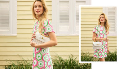 Woman in a pink and green crochet dress