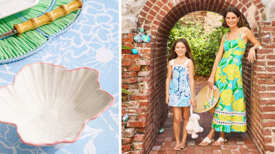 Woman in a yellow and blue printed maxi dress and a girl in a blue printed dress