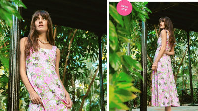 Woman in a pink printed long dress