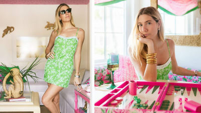 Woman wearing a green and white printed dress