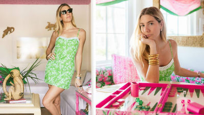 Woman wearing a green and white printed dress