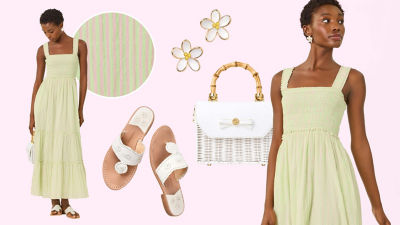 Woman in a long green striped dress