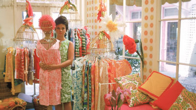 Woman wearing a printed shift dress