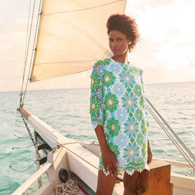 Woman wearing a green lace dress