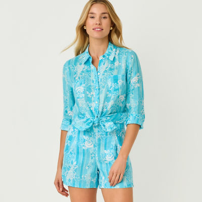 Women wearing a blue printed top