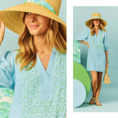 Woman wearing a blue linen dress