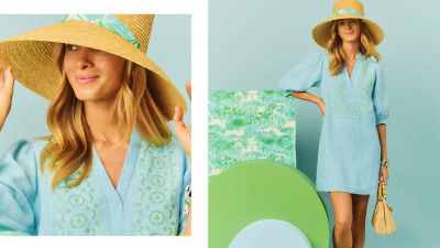 Woman in a blue linen dress